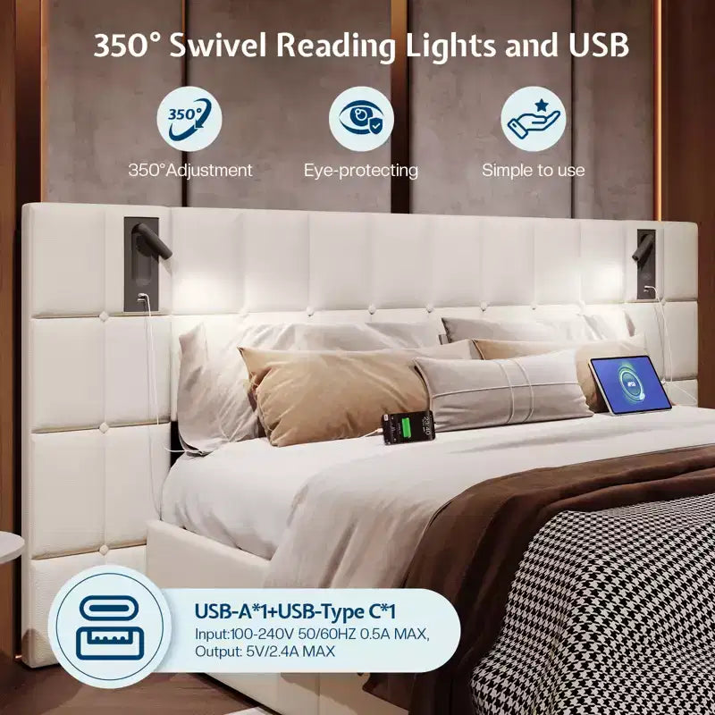 AMERLIFE Letto Imbottito con Testiera Allargata, Letto Contenitore Sollevabile e Luce Integrata, Velluto