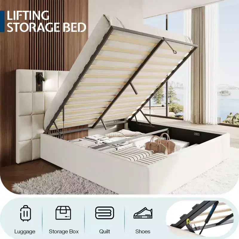 AMERLIFE Letto Imbottito con Testiera Allargata, Letto Contenitore Sollevabile e Luce Integrata, Velluto