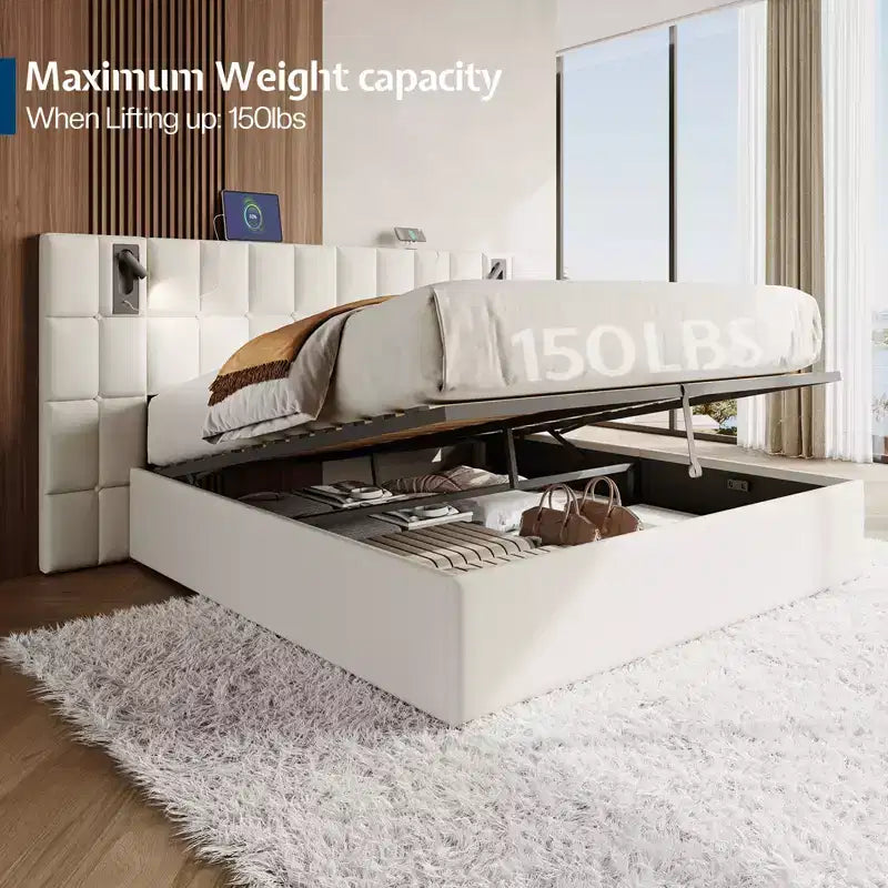 AMERLIFE Letto Imbottito con Testiera Allargata, Letto Contenitore Sollevabile e Luce Integrata, Velluto
