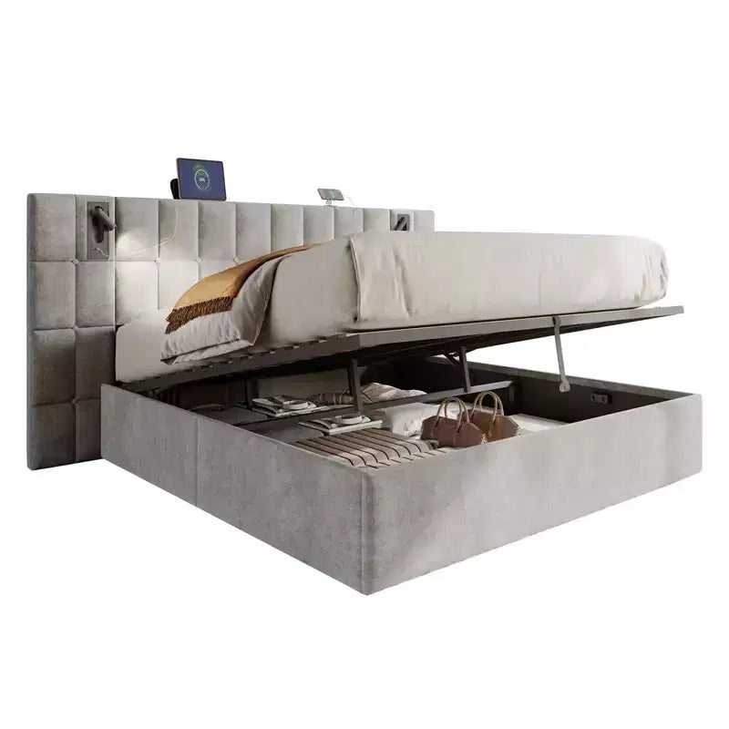 AMERLIFE Letto Imbottito con Testiera Allargata, Letto Contenitore Sollevabile e Luce Integrata, Velluto