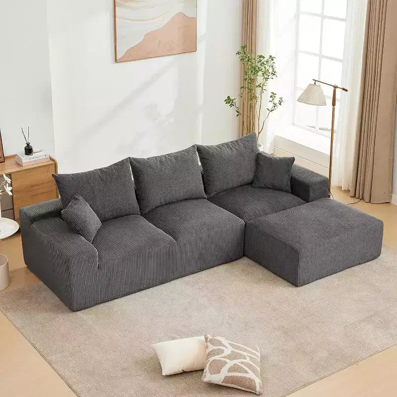 Divano a L oversize da 110 pollici, divano componibile Cloud con chaise longue e cuscini decorativi, divano senza struttura in schiuma di morbido velluto a coste per salotti, appartamenti, dormitori