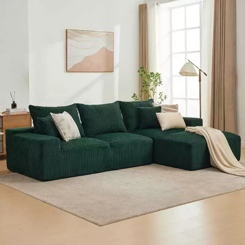 Divano a L oversize da 110 pollici, divano componibile Cloud con chaise longue e cuscini decorativi, divano senza struttura in schiuma di morbido velluto a coste per salotti, appartamenti, dormitori