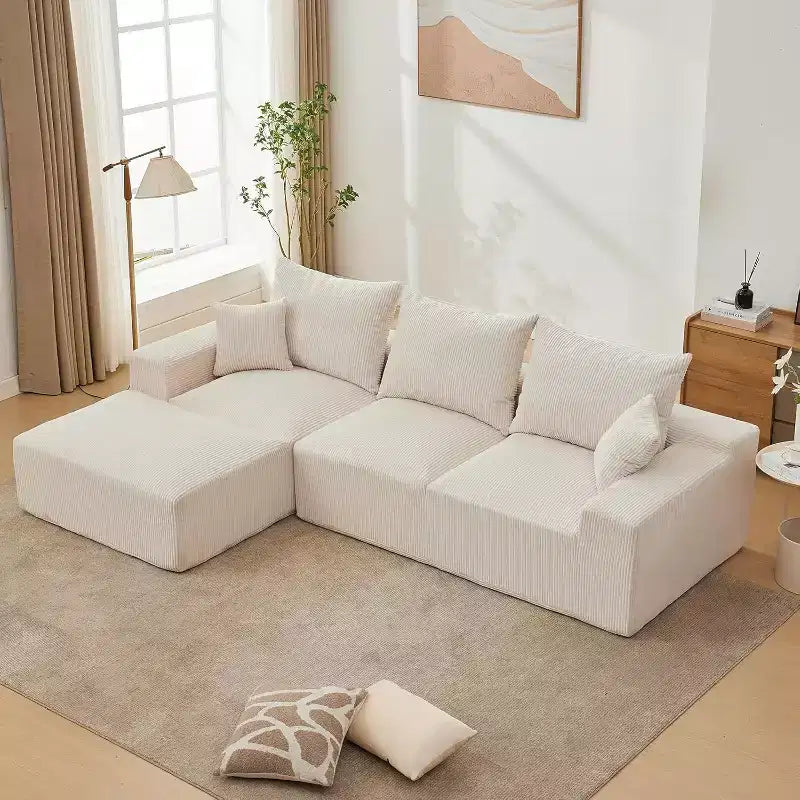 Divano a L oversize da 110 pollici, divano componibile Cloud con chaise longue e cuscini decorativi, divano senza struttura in schiuma di morbido velluto a coste per salotti, appartamenti, dormitori