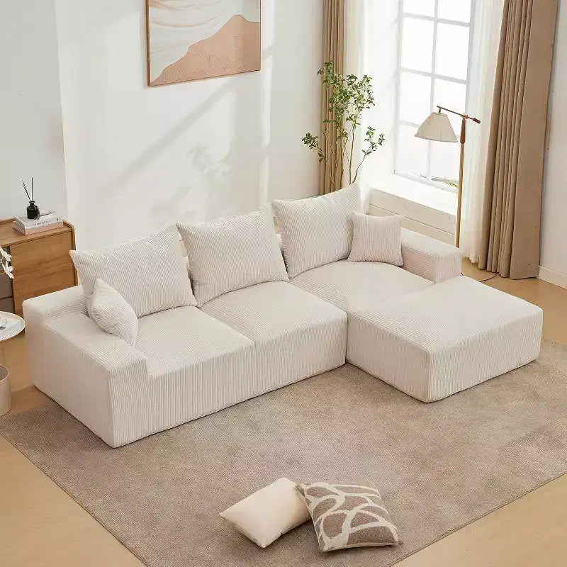 Divano a L oversize da 110 pollici, divano componibile Cloud con chaise longue e cuscini decorativi, divano senza struttura in schiuma di morbido velluto a coste per salotti, appartamenti, dormitori