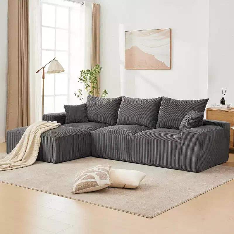 Divano a L oversize da 110 pollici, divano componibile Cloud con chaise longue e cuscini decorativi, divano senza struttura in schiuma di morbido velluto a coste per salotti, appartamenti, dormitori