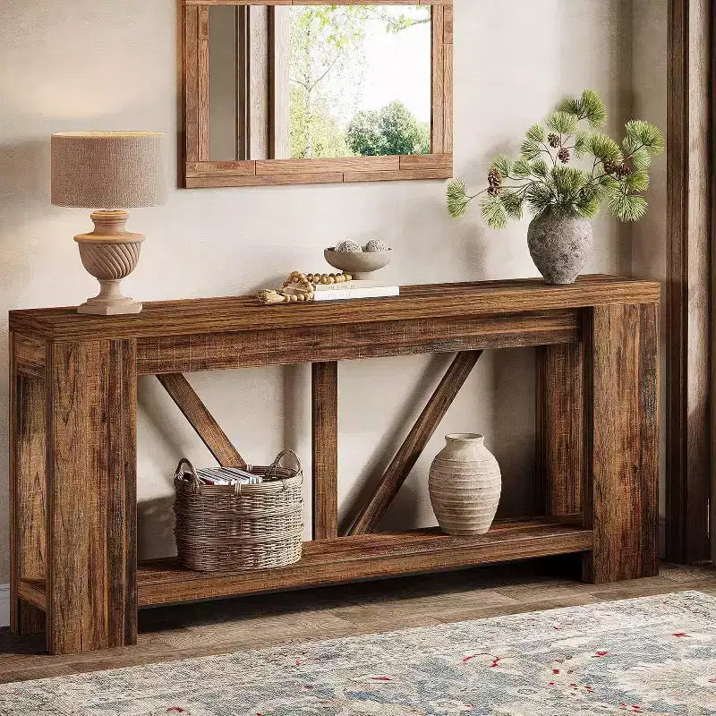 Tavolo consolle lungo Lantine da 180 cm, tavolo da divano a 2 ripiani in stile rustico per dietro il divano, grande consolle d'ingresso con ripiano per corridoio, foyer