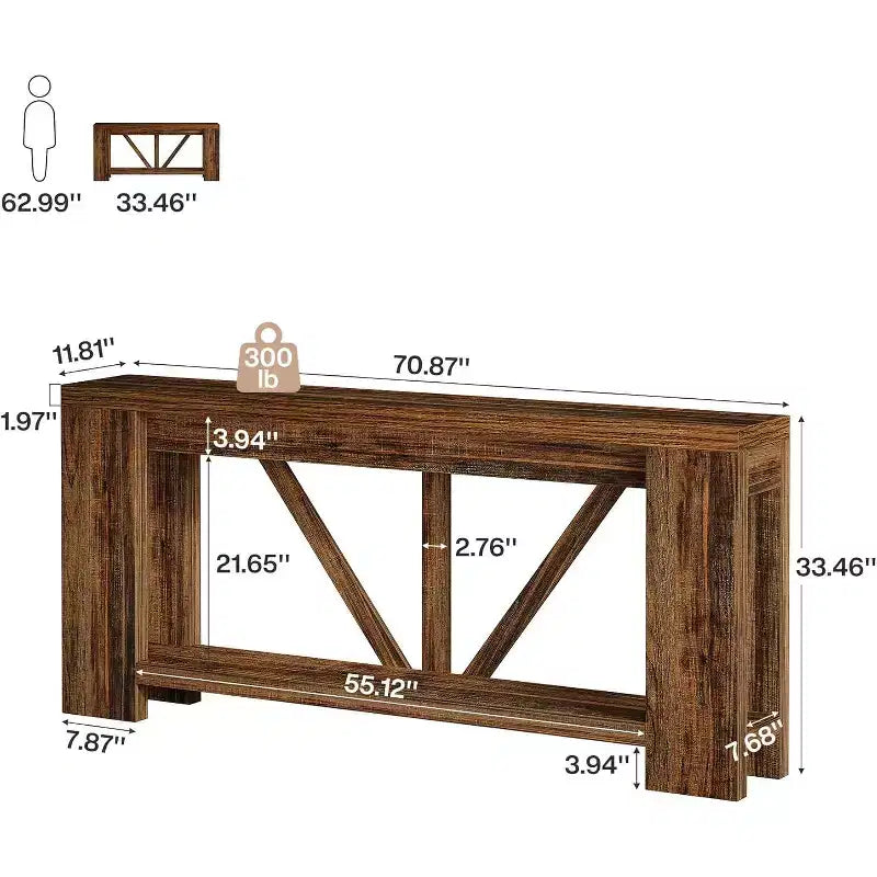 Tavolo consolle lungo Lantine da 180 cm, tavolo da divano a 2 ripiani in stile rustico per dietro il divano, grande consolle d'ingresso con ripiano per corridoio, foyer