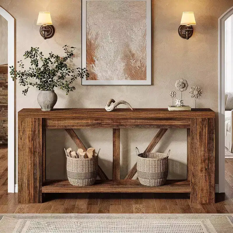 Tavolo consolle lungo Lantine da 180 cm, tavolo da divano a 2 ripiani in stile rustico per dietro il divano, grande consolle d'ingresso con ripiano per corridoio, foyer
