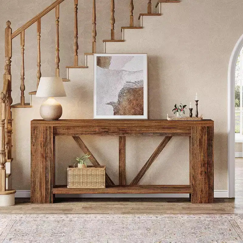 Tavolo consolle lungo Lantine da 180 cm, tavolo da divano a 2 ripiani in stile rustico per dietro il divano, grande consolle d'ingresso con ripiano per corridoio, foyer