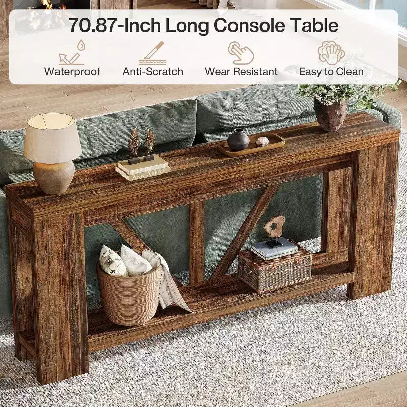 Tavolo consolle lungo Lantine da 180 cm, tavolo da divano a 2 ripiani in stile rustico per dietro il divano, grande consolle d'ingresso con ripiano per corridoio, foyer