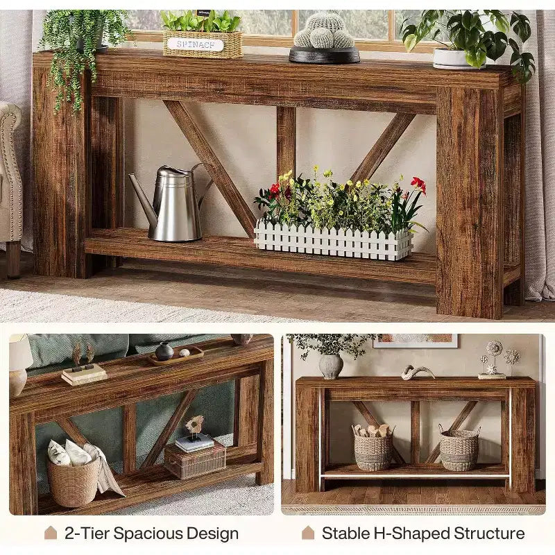 Tavolo consolle lungo Lantine da 180 cm, tavolo da divano a 2 ripiani in stile rustico per dietro il divano, grande consolle d'ingresso con ripiano per corridoio, foyer