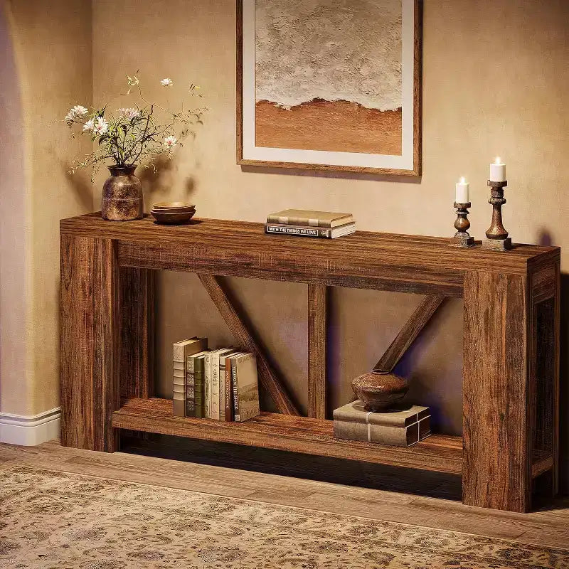 Tavolo consolle lungo Lantine da 180 cm, tavolo da divano a 2 ripiani in stile rustico per dietro il divano, grande consolle d'ingresso con ripiano per corridoio, foyer