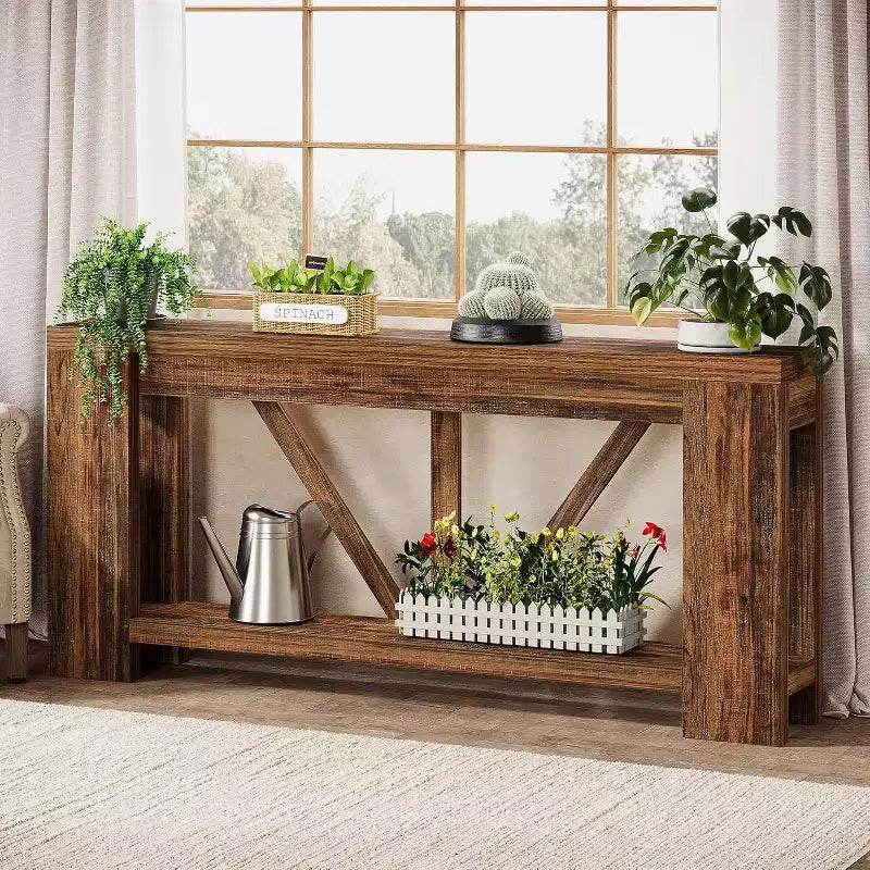Tavolo consolle lungo Lantine da 180 cm, tavolo da divano a 2 ripiani in stile rustico per dietro il divano, grande consolle d'ingresso con ripiano per corridoio, foyer