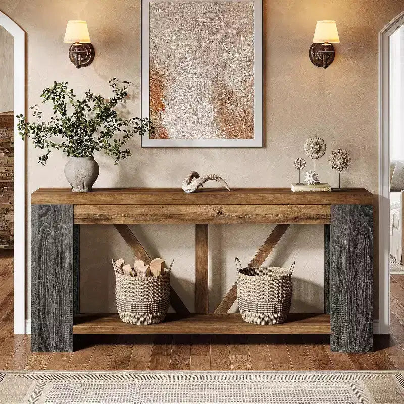 Tavolo consolle lungo Lantine da 180 cm, tavolo da divano a 2 ripiani in stile rustico per dietro il divano, grande consolle d'ingresso con ripiano per corridoio, foyer