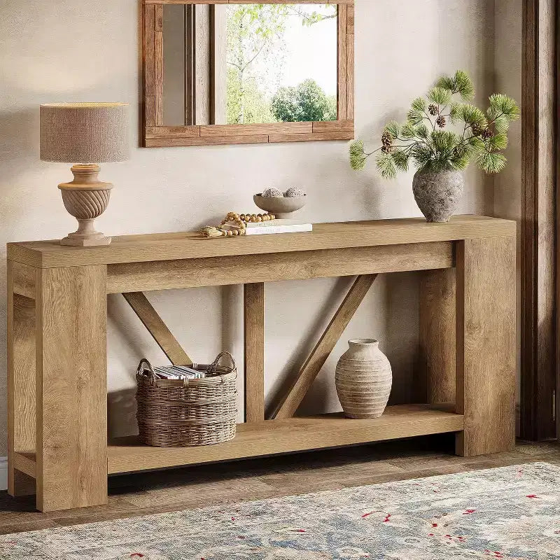 Tavolo consolle lungo Lantine da 180 cm, tavolo da divano a 2 ripiani in stile rustico per dietro il divano, grande consolle d'ingresso con ripiano per corridoio, foyer