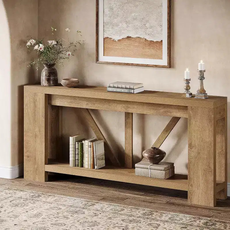 Tavolo consolle lungo Lantine da 180 cm, tavolo da divano a 2 ripiani in stile rustico per dietro il divano, grande consolle d'ingresso con ripiano per corridoio, foyer