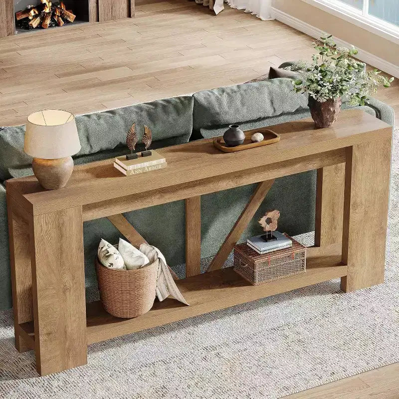 Tavolo consolle lungo Lantine da 180 cm, tavolo da divano a 2 ripiani in stile rustico per dietro il divano, grande consolle d'ingresso con ripiano per corridoio, foyer