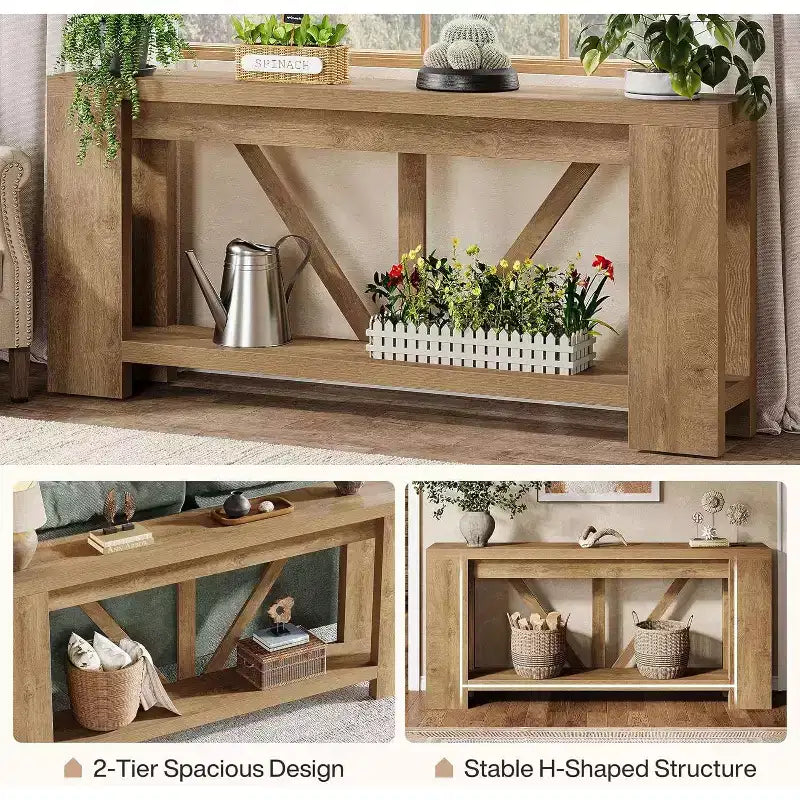 Tavolo consolle lungo Lantine da 180 cm, tavolo da divano a 2 ripiani in stile rustico per dietro il divano, grande consolle d'ingresso con ripiano per corridoio, foyer
