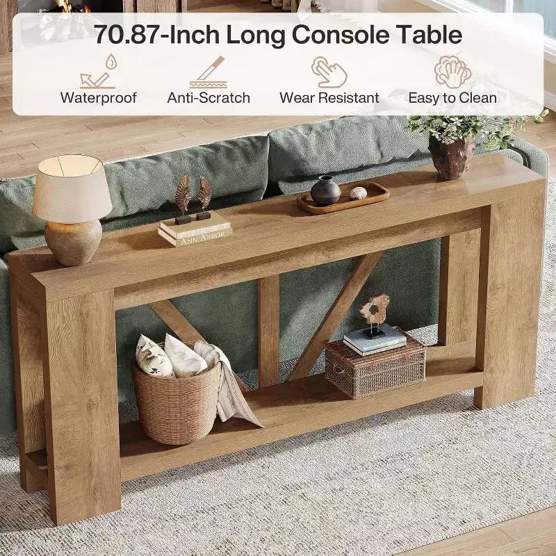 Tavolo consolle lungo Lantine da 180 cm, tavolo da divano a 2 ripiani in stile rustico per dietro il divano, grande consolle d'ingresso con ripiano per corridoio, foyer