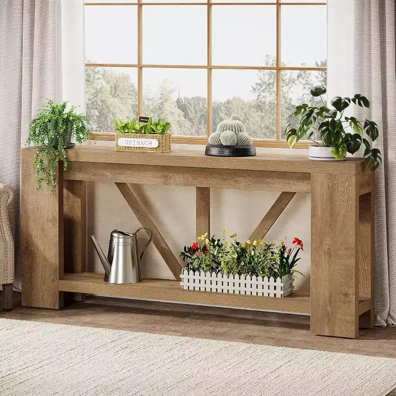 Tavolo consolle lungo Lantine da 180 cm, tavolo da divano a 2 ripiani in stile rustico per dietro il divano, grande consolle d'ingresso con ripiano per corridoio, foyer