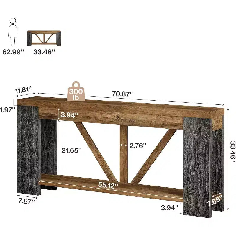 Tavolo consolle lungo Lantine da 180 cm, tavolo da divano a 2 ripiani in stile rustico per dietro il divano, grande consolle d'ingresso con ripiano per corridoio, foyer
