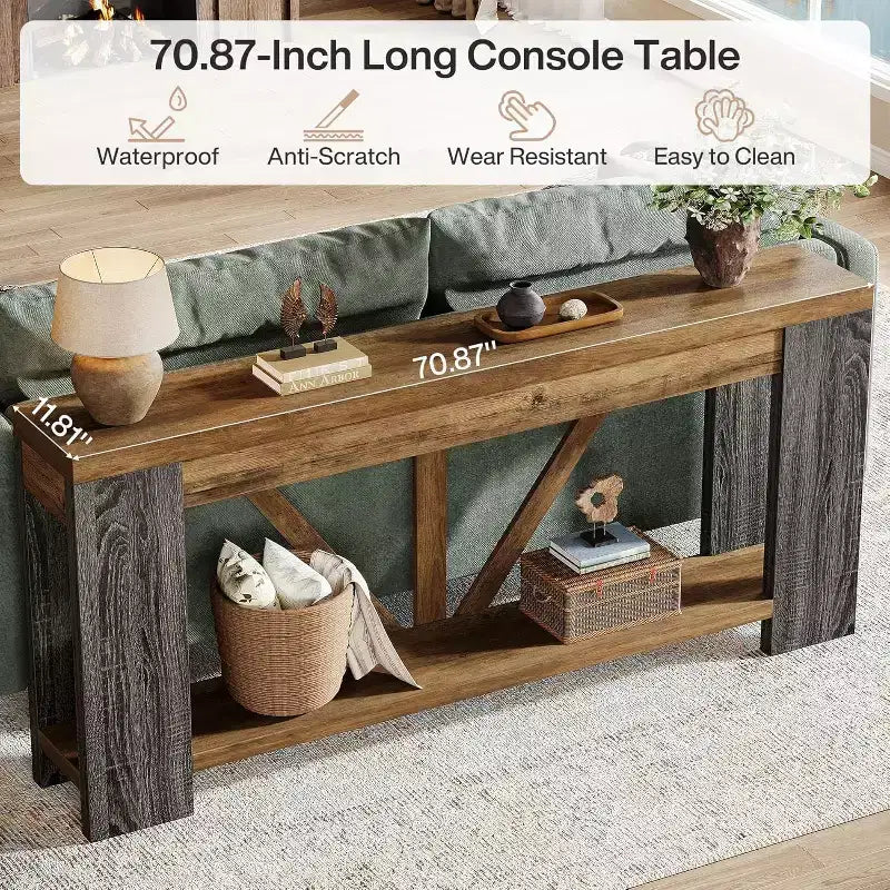 Tavolo consolle lungo Lantine da 180 cm, tavolo da divano a 2 ripiani in stile rustico per dietro il divano, grande consolle d'ingresso con ripiano per corridoio, foyer