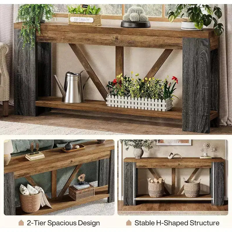 Tavolo consolle lungo Lantine da 180 cm, tavolo da divano a 2 ripiani in stile rustico per dietro il divano, grande consolle d'ingresso con ripiano per corridoio, foyer