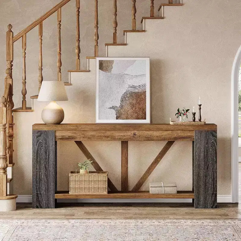 Tavolo consolle lungo Lantine da 180 cm, tavolo da divano a 2 ripiani in stile rustico per dietro il divano, grande consolle d'ingresso con ripiano per corridoio, foyer