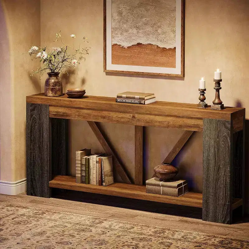 Tavolo consolle lungo Lantine da 180 cm, tavolo da divano a 2 ripiani in stile rustico per dietro il divano, grande consolle d'ingresso con ripiano per corridoio, foyer