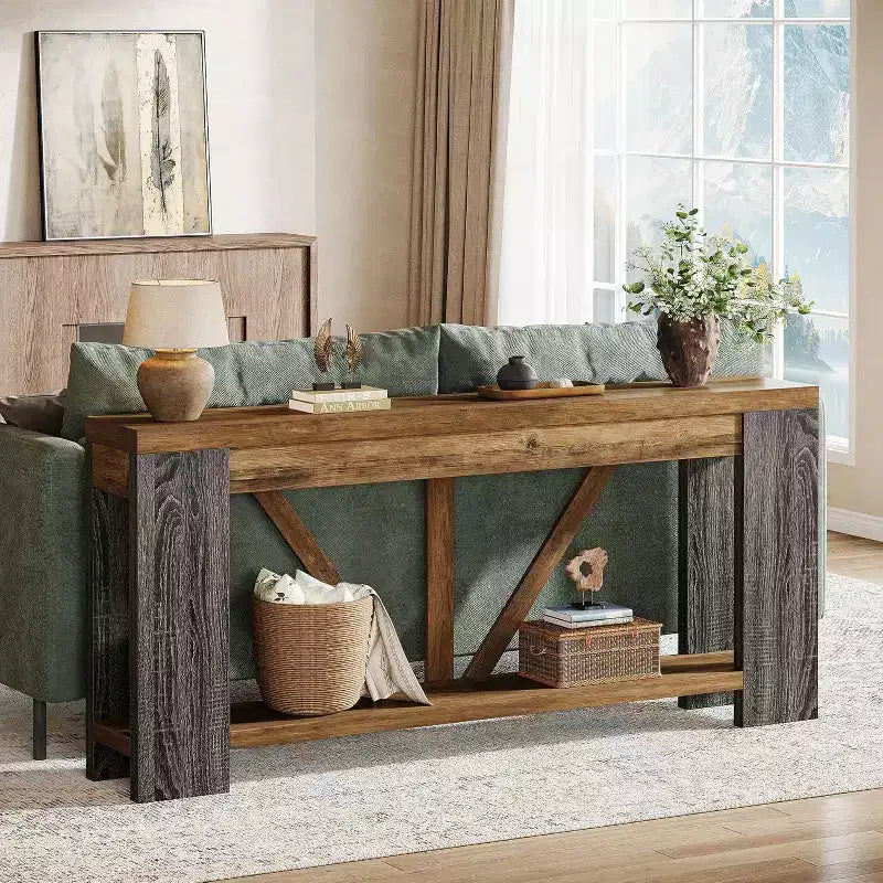 Tavolo consolle lungo Lantine da 180 cm, tavolo da divano a 2 ripiani in stile rustico per dietro il divano, grande consolle d'ingresso con ripiano per corridoio, foyer