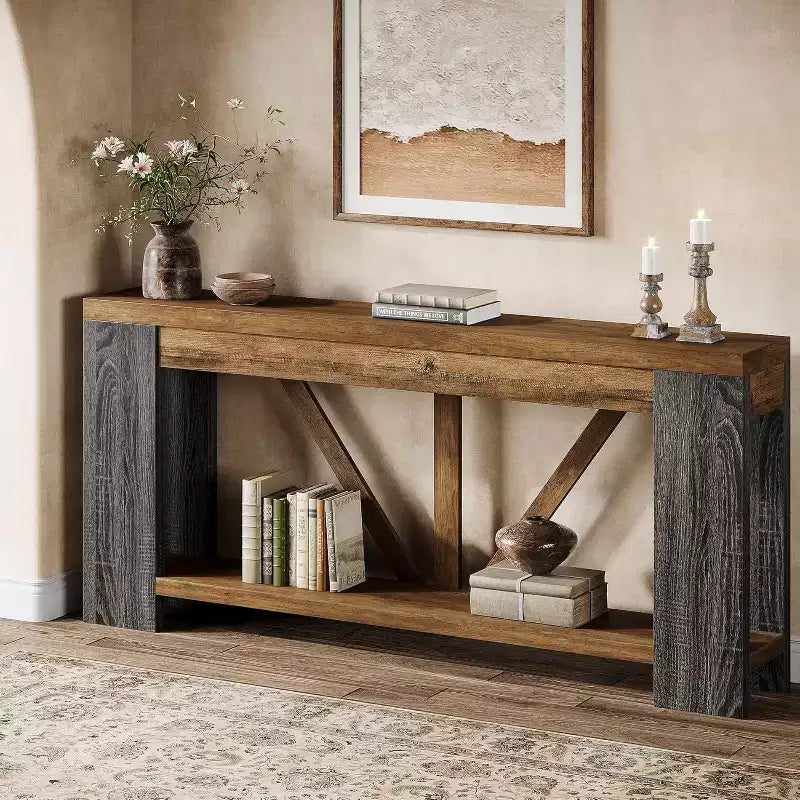 Tavolo consolle lungo Lantine da 180 cm, tavolo da divano a 2 ripiani in stile rustico per dietro il divano, grande consolle d'ingresso con ripiano per corridoio, foyer