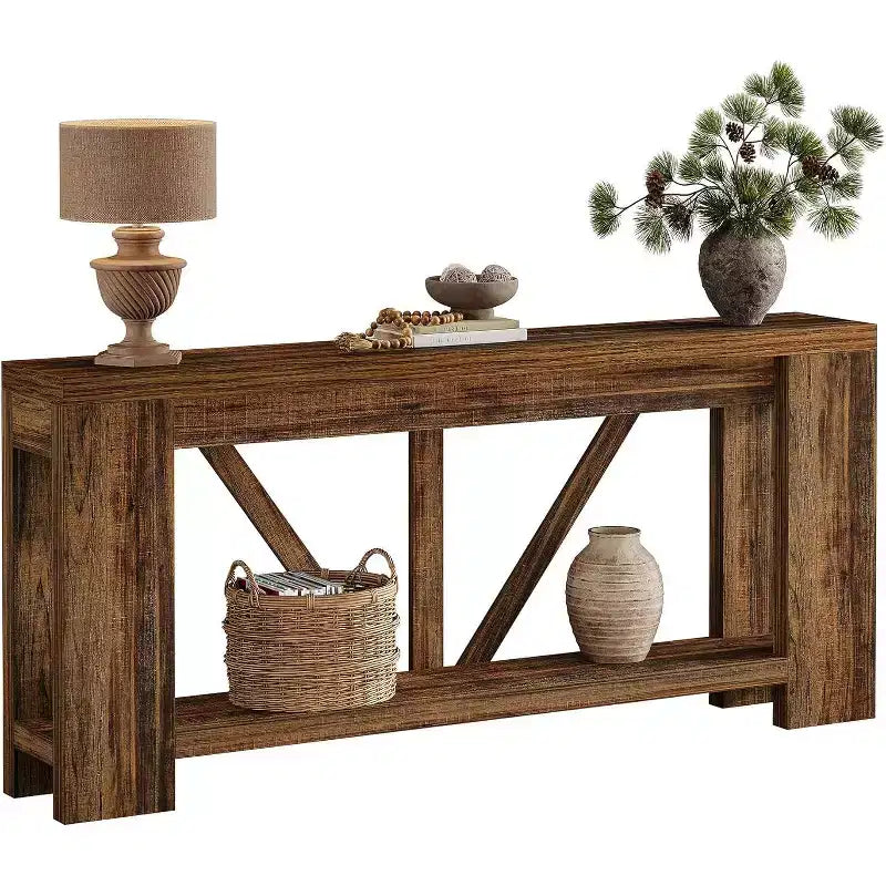 Tavolo consolle lungo Lantine da 180 cm, tavolo da divano a 2 ripiani in stile rustico per dietro il divano, grande consolle d'ingresso con ripiano per corridoio, foyer