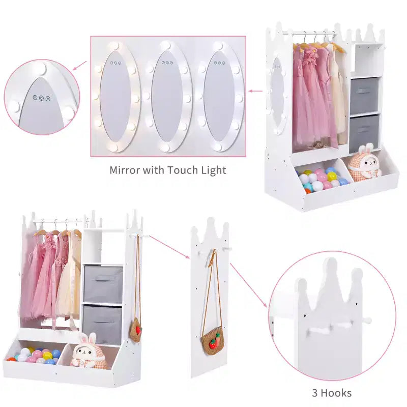 Guardaroba da principessa con specchio, Centro completo per travestimenti con contenitore, 4 ripiani e contenitori in tessuto, Organizer per armadio per bambini per vestiti, giocattoli, scarpe