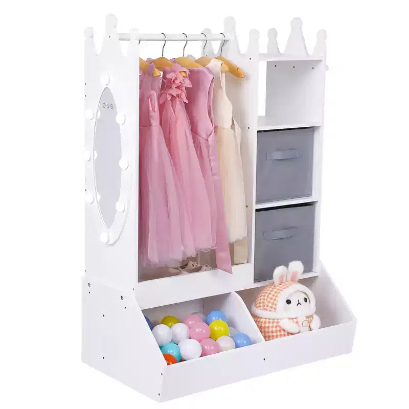Guardaroba da principessa con specchio, Centro completo per travestimenti con contenitore, 4 ripiani e contenitori in tessuto, Organizer per armadio per bambini per vestiti, giocattoli, scarpe