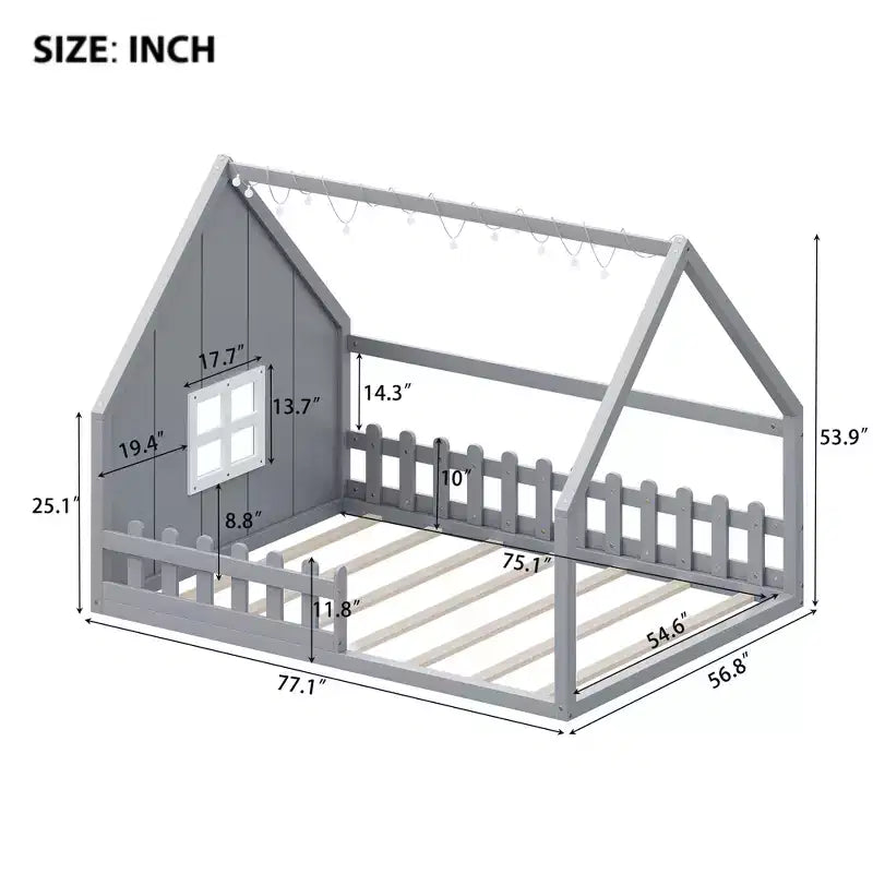 Letto a casetta in legno di dimensioni standard Whisen con finestra e recinzione
