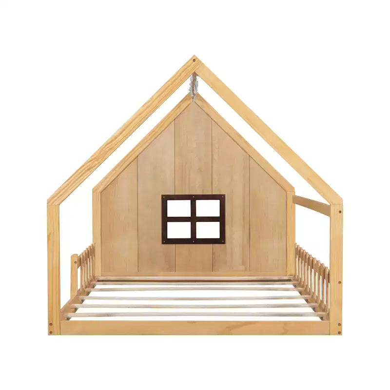 Letto a casetta in legno di dimensioni standard Whisen con finestra e recinzione