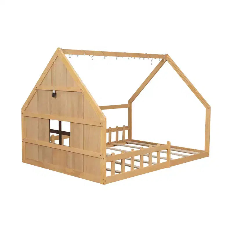 Letto a casetta in legno di dimensioni standard Whisen con finestra e recinzione