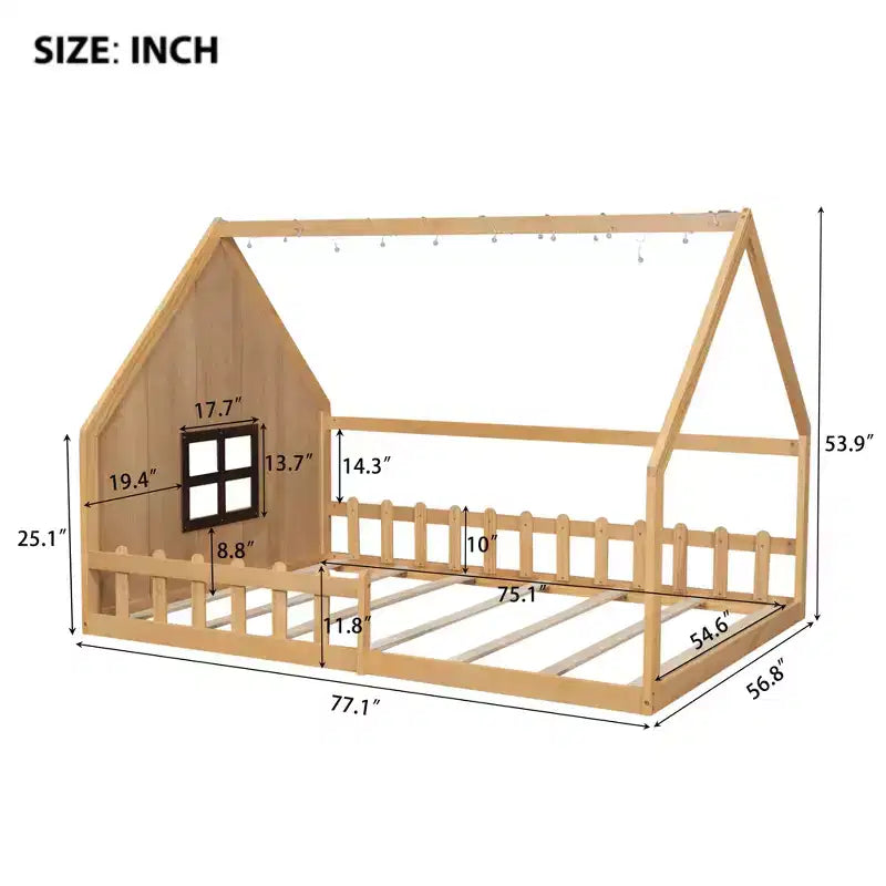 Letto a casetta in legno di dimensioni standard Whisen con finestra e recinzione