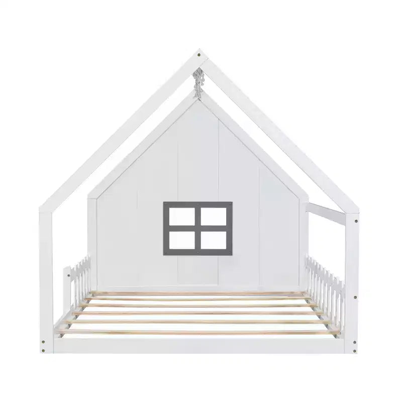 Letto a casetta in legno di dimensioni standard Whisen con finestra e recinzione