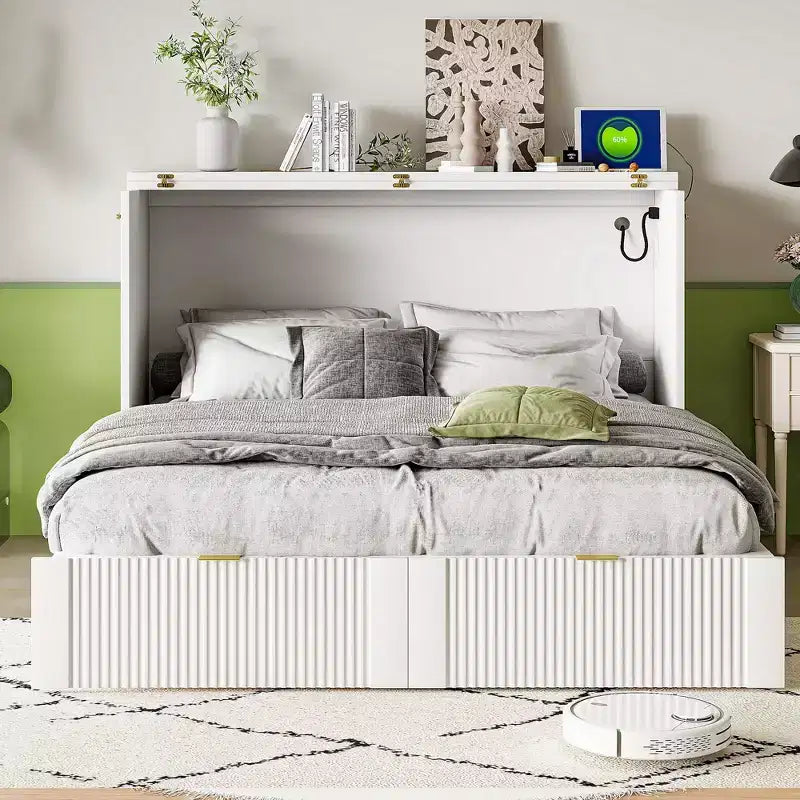 CLIHOME Letto a Scomparsa Matrimoniale con Cassetto, Prese e Porte USB, Design con Struttura a Carrucola