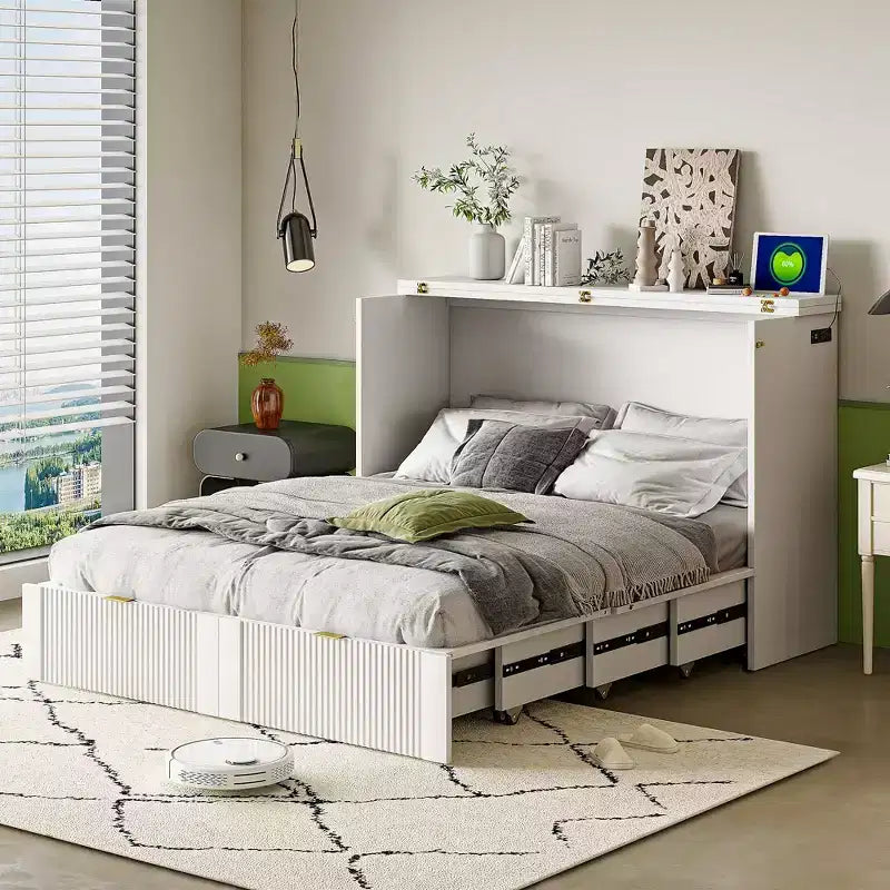 CLIHOME Letto a Scomparsa Matrimoniale con Cassetto, Prese e Porte USB, Design con Struttura a Carrucola