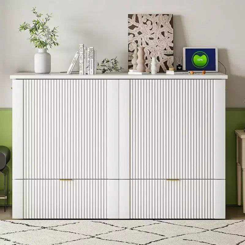 CLIHOME Letto a Scomparsa Matrimoniale con Cassetto, Prese e Porte USB, Design con Struttura a Carrucola