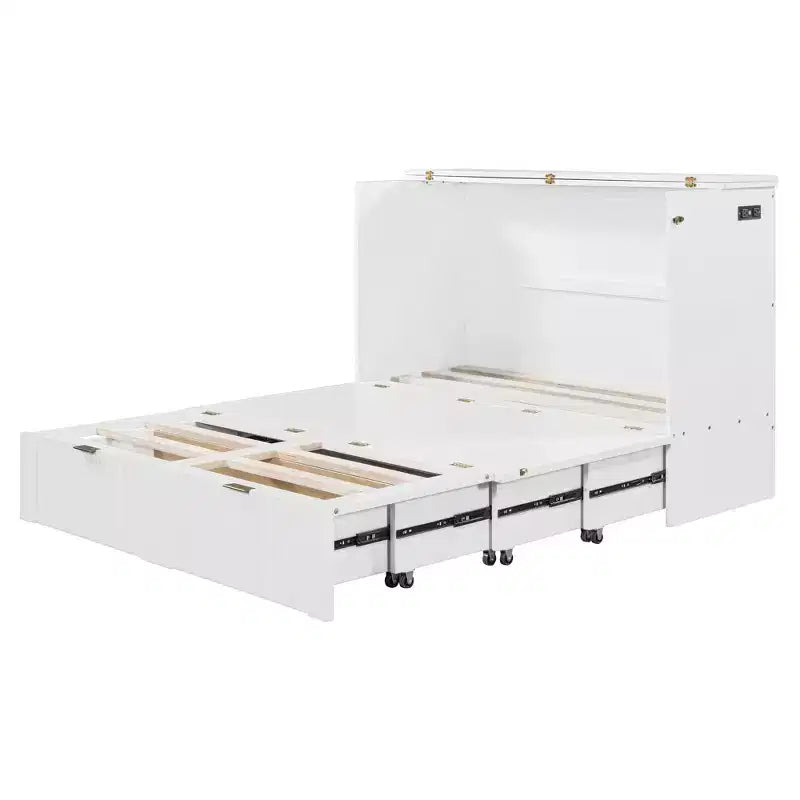 CLIHOME Letto a Scomparsa Matrimoniale con Cassetto, Prese e Porte USB, Design con Struttura a Carrucola