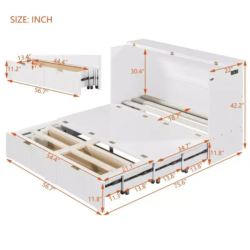 CLIHOME Letto a Scomparsa Matrimoniale con Cassetto, Prese e Porte USB, Design con Struttura a Carrucola