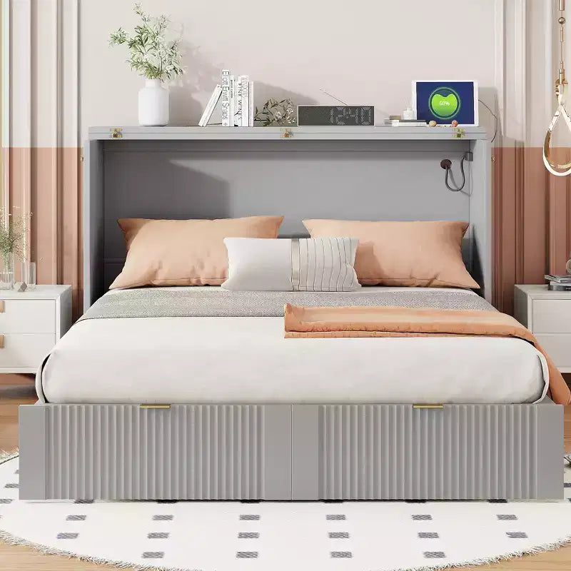 CLIHOME Letto a Scomparsa Matrimoniale con Cassetto, Prese e Porte USB, Design con Struttura a Carrucola