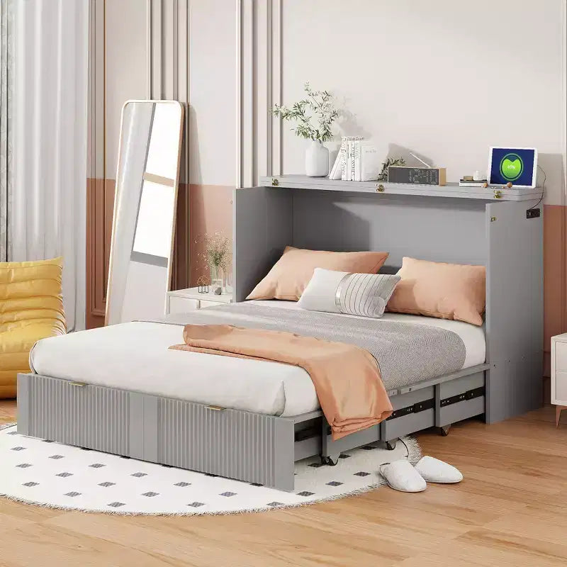 CLIHOME Letto a Scomparsa Matrimoniale con Cassetto, Prese e Porte USB, Design con Struttura a Carrucola