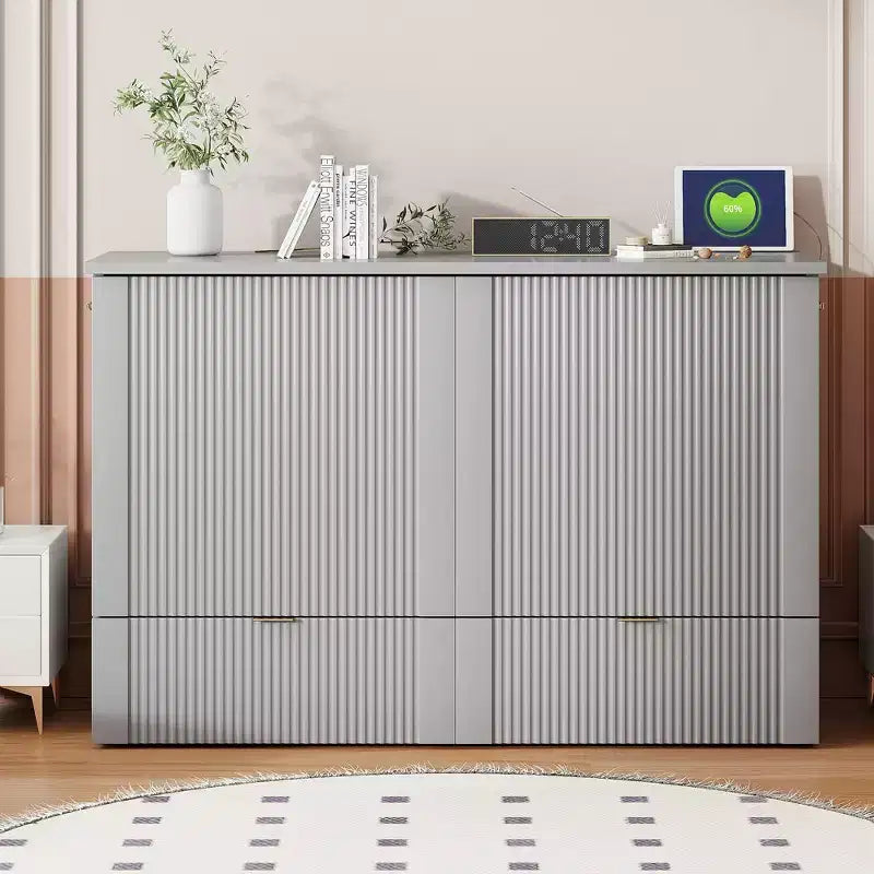 CLIHOME Letto a Scomparsa Matrimoniale con Cassetto, Prese e Porte USB, Design con Struttura a Carrucola