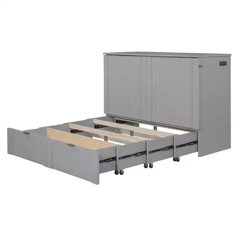 CLIHOME Letto a Scomparsa Matrimoniale con Cassetto, Prese e Porte USB, Design con Struttura a Carrucola