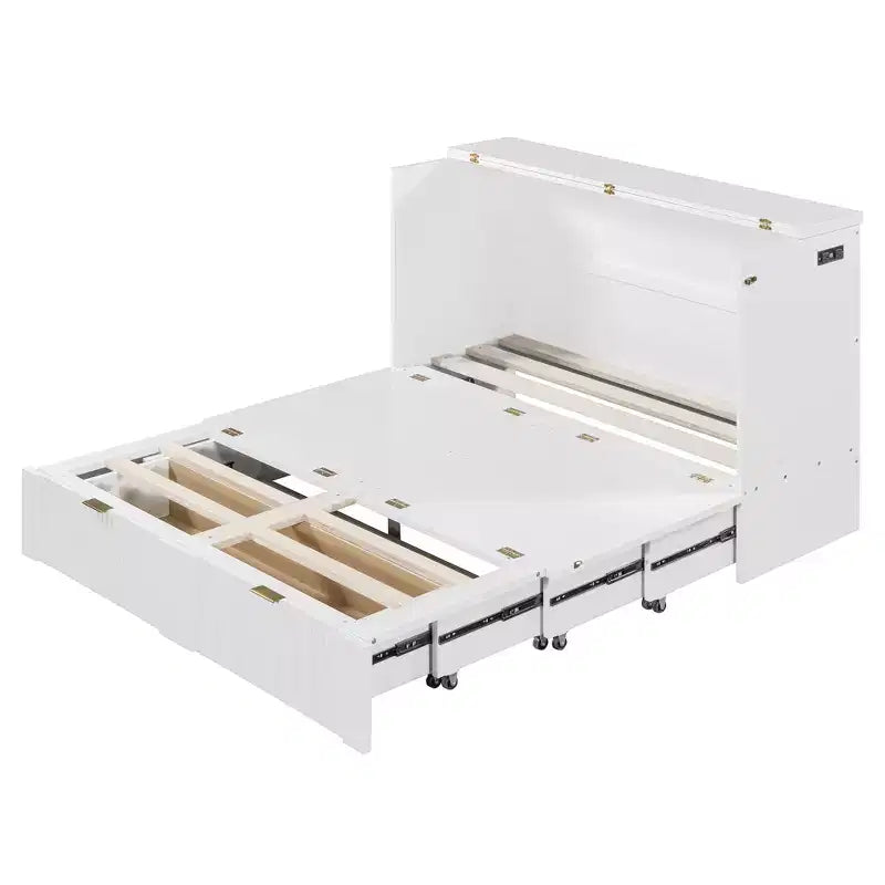 CLIHOME Letto a Scomparsa Matrimoniale con Cassetto, Prese e Porte USB, Design con Struttura a Carrucola