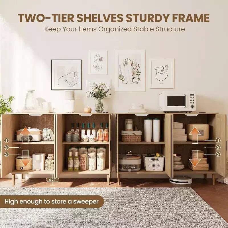 Mobile Contenitore in Rattan con Ricarica e Mobile Bar Caffè - Credenza Boho a 4 Ante (Ripiani Regolabili) Mobile Multifunzionale Boho per Ingresso/Sala da Pranzo